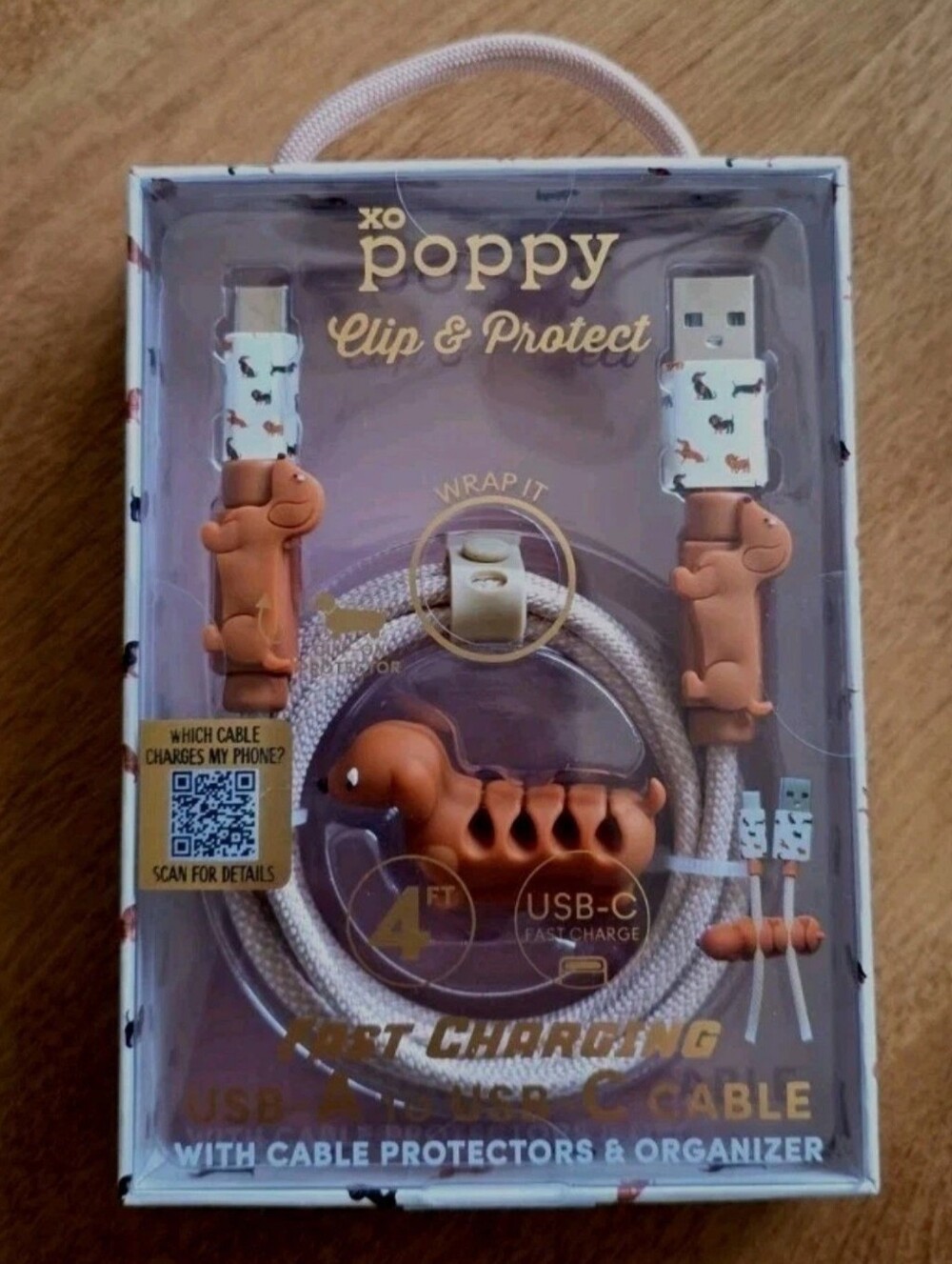 XO POPPY Fast Charging USB-A to USB-C Cable Phone 4 Ft For Dog Dachshund Lovers